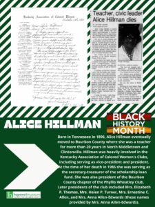 Green and white poster featuring Alice Hillman