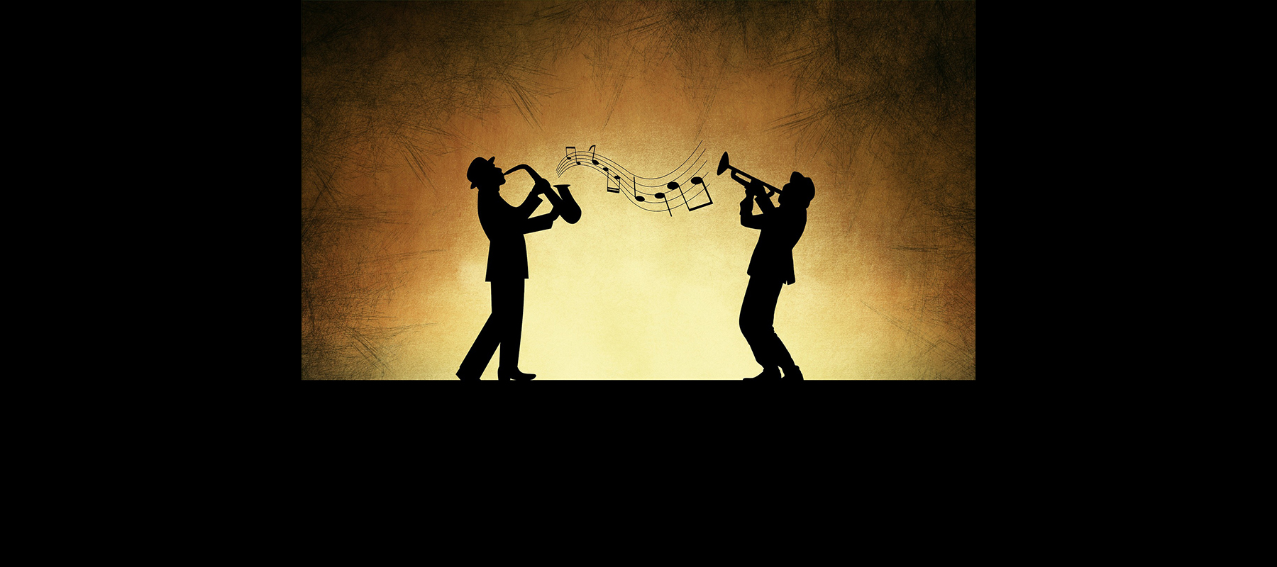 Silhoutes of two people playing musical instruments with a golden background