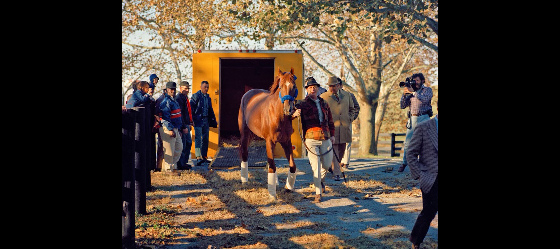 photo of horse exiting van with bystanders and guide