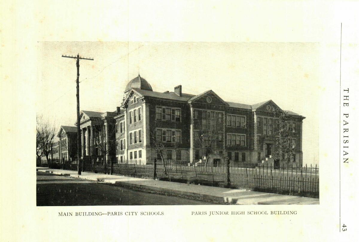 1928 Postcard of the Paris City School main building and junior high building.